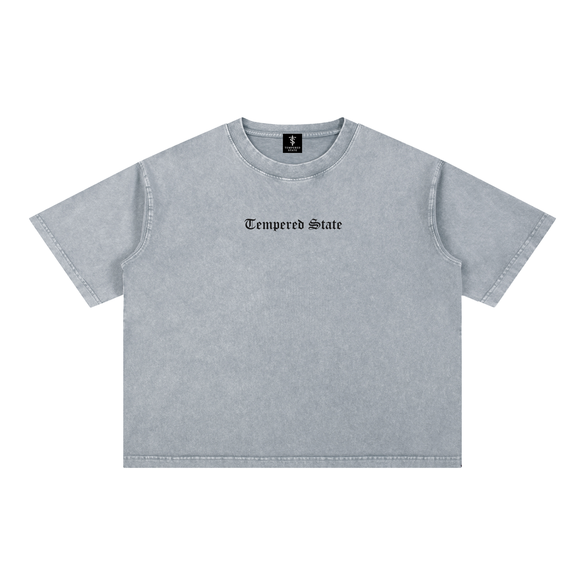 Strength Through Discipline boxy tee in mineral wash light gray, front with Tempered State in blackletter