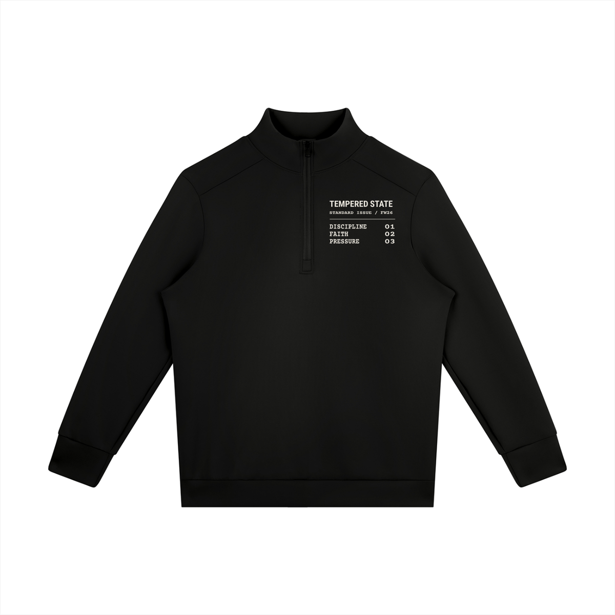 Standard Issue black quarter-zip, front spec print listing Discipline, Faith and Pressure