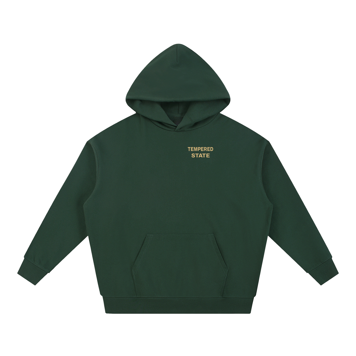 Tempered by Fire heavyweight hoodie in blackish green, front with Tempered State in antique gold on the chest