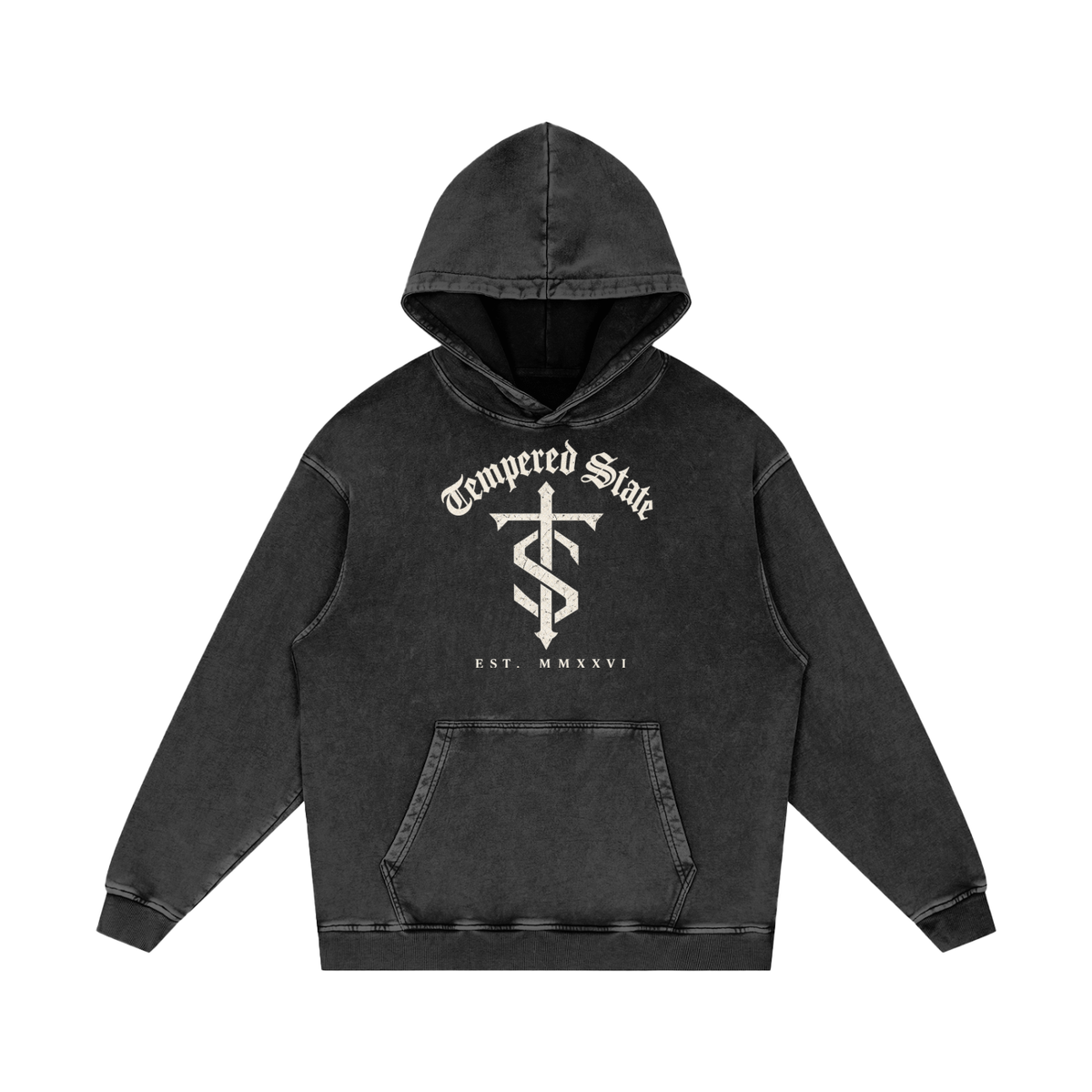 Strength Through Discipline hoodie in snow wash black, front with Tempered State crest and TS cross