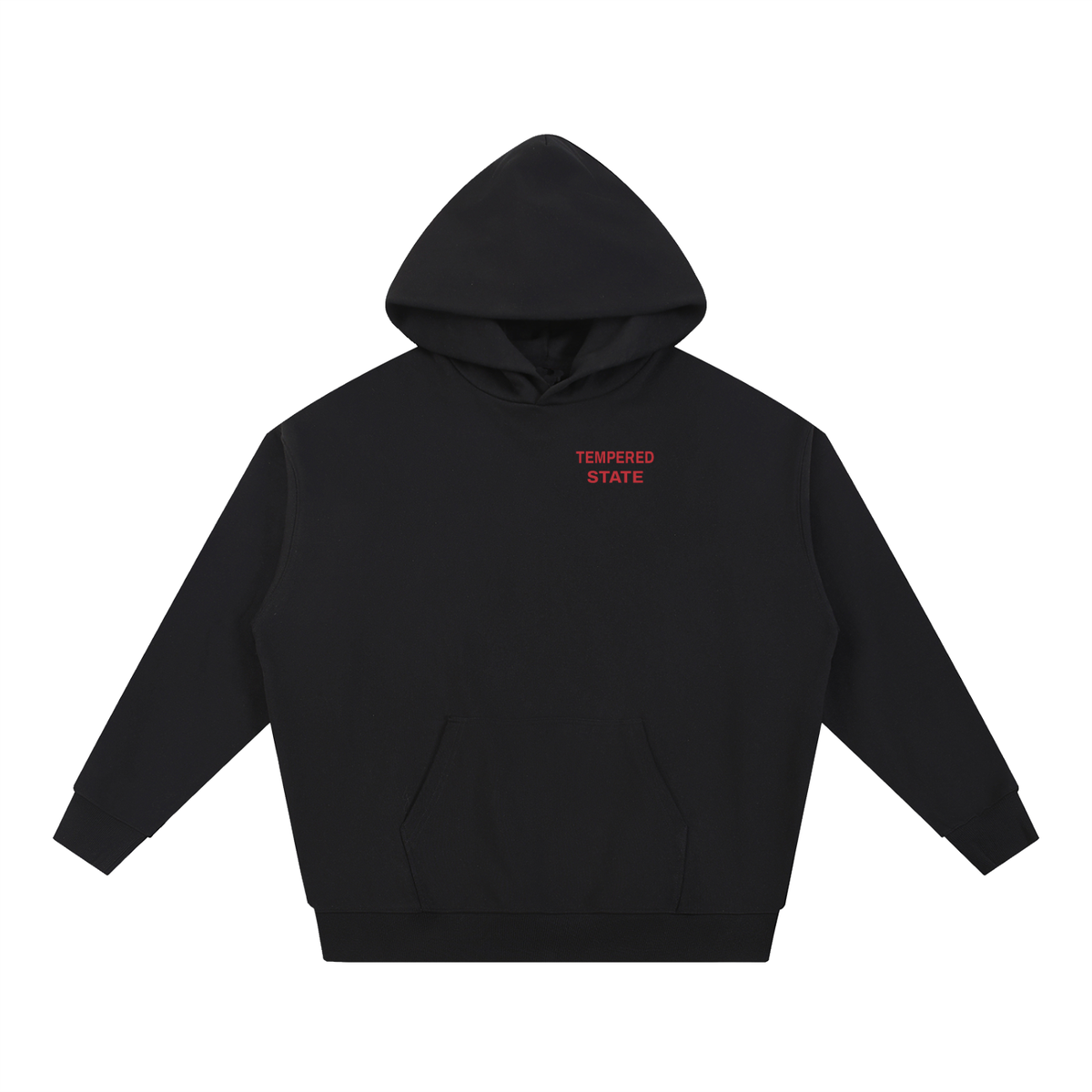 Tempered by Fire heavyweight hoodie in black, front with Tempered State in crimson on the chest