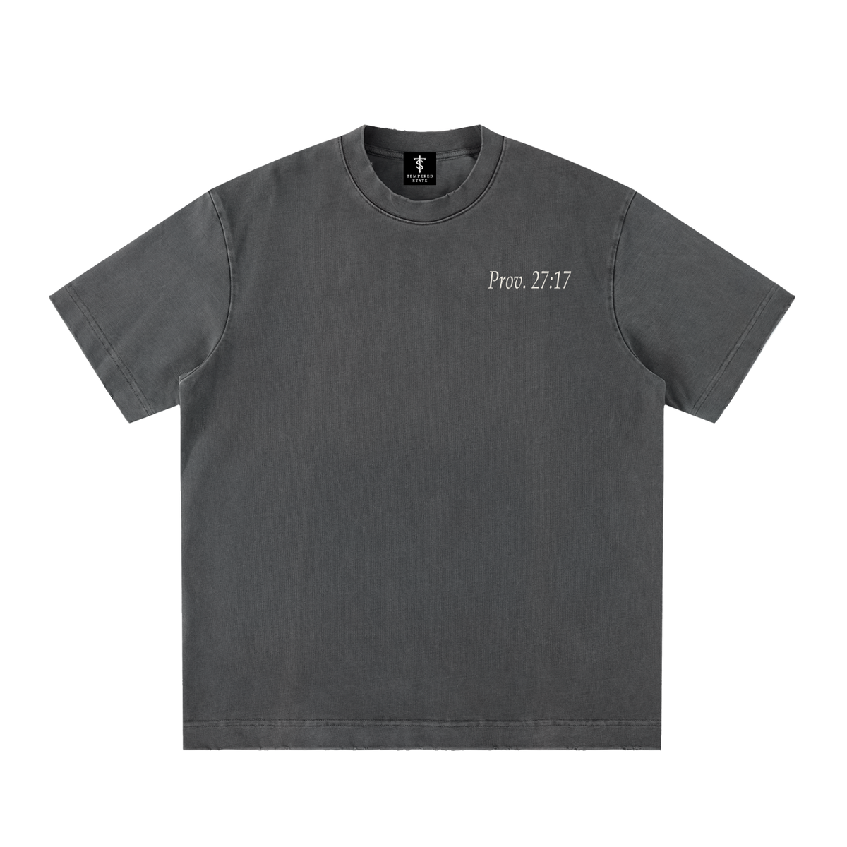 Iron Sharpeneth Iron heavyweight tee in vintage wash charcoal, front with Prov. 27:17