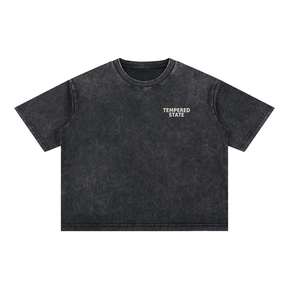 Tempered by Fire boxy tee in mineral wash black, front with Tempered State chest print