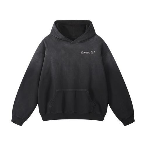 Discipline Is Worship sunfade hoodie in faded black, front with Romans 12:1 on the chest